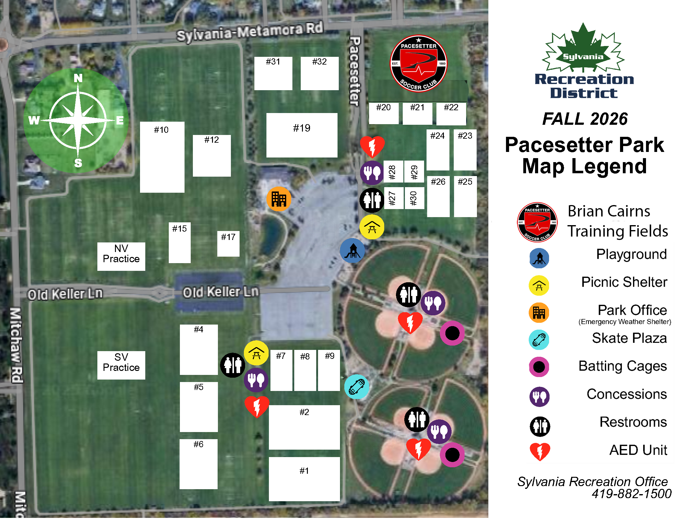 Pacesetter Park Fall 2026  map shows a map of the park and all it's areas. It has a legend and icons associated with different areas of the park. 